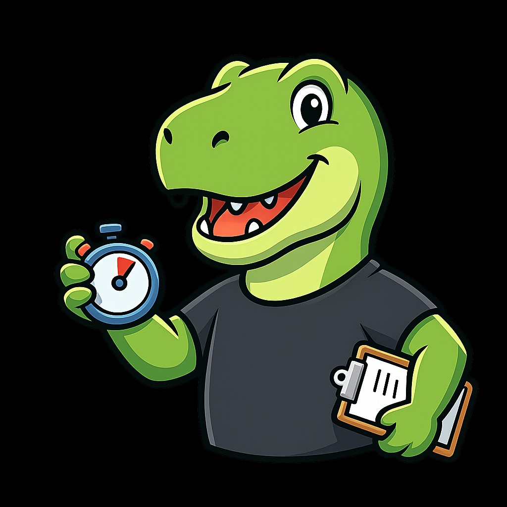 Trainer Rex holding a stopwatch and clipboard